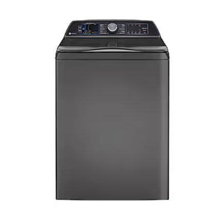 Top-loading washing machine with digital controls and a sleek gray design.