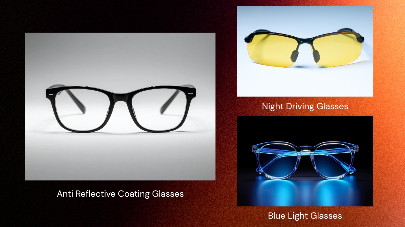 Different types of night driving glasses including yellow tinted lenses, clear glasses with anti-reflective coating, and blue light glasses displayed side by side for comparison of nighttime driving vision and glare reduction options