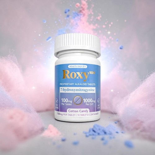 Bottle of Roxy medication against a colorful, soft background.