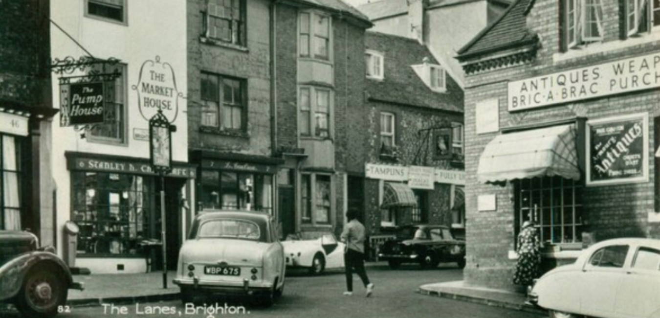 Old black and white photograph of Brighton Lanes