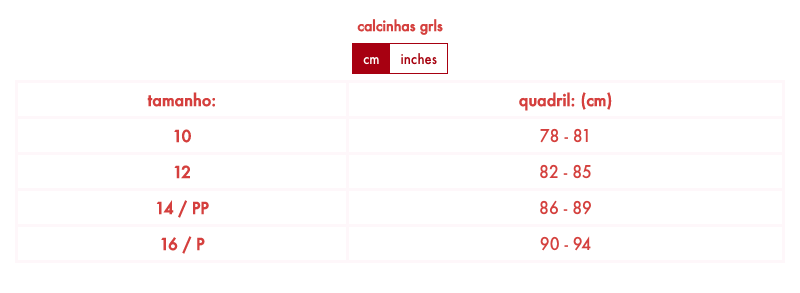 Tabela de medidas de calcinhas absorventes para a primeira menstruação 