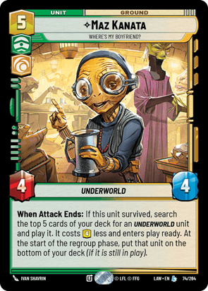 Card featuring Maz Kanata from Star Wars with abilities and stats.