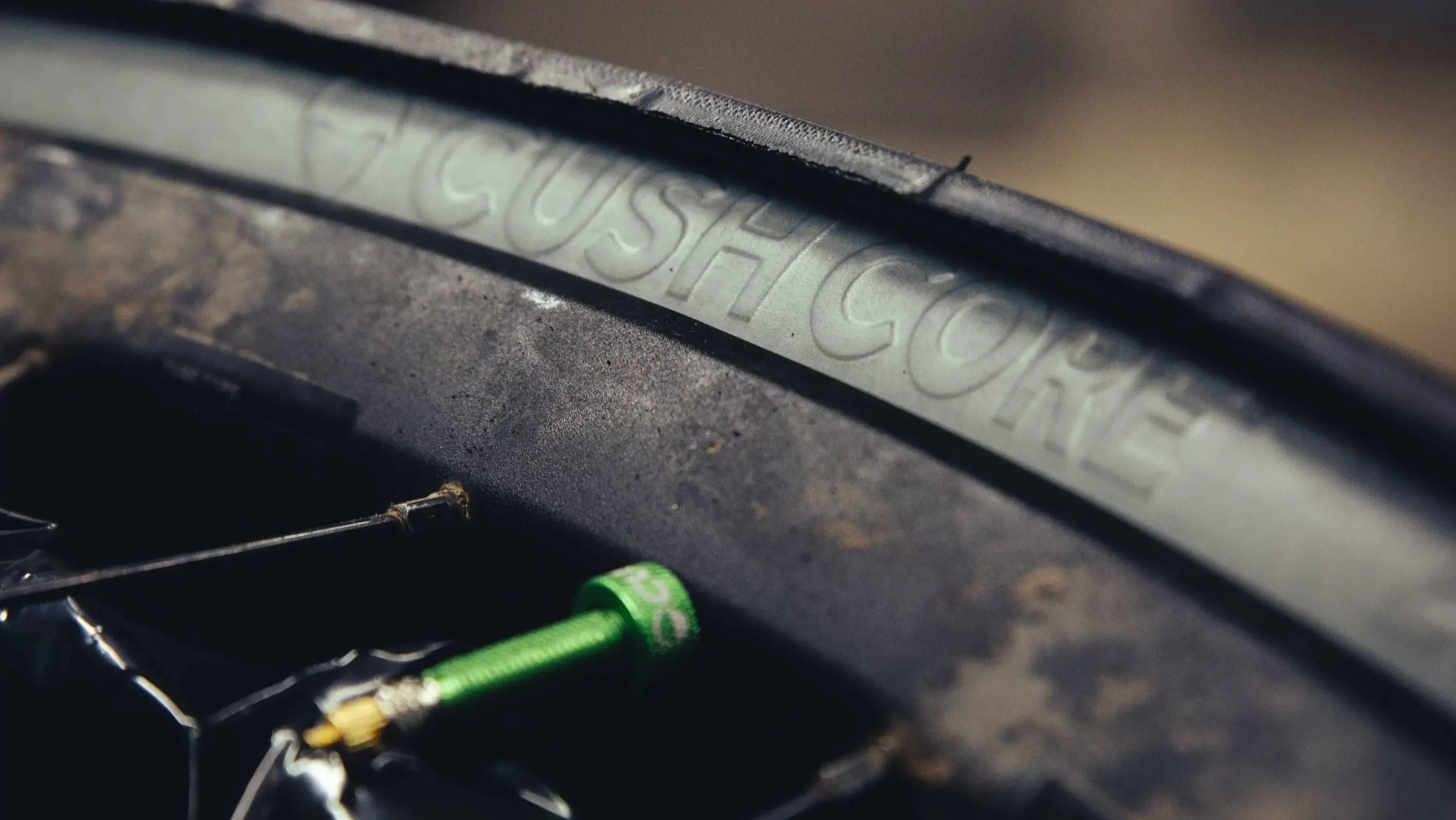 cushcore installed on a mountain bike with green valve stems