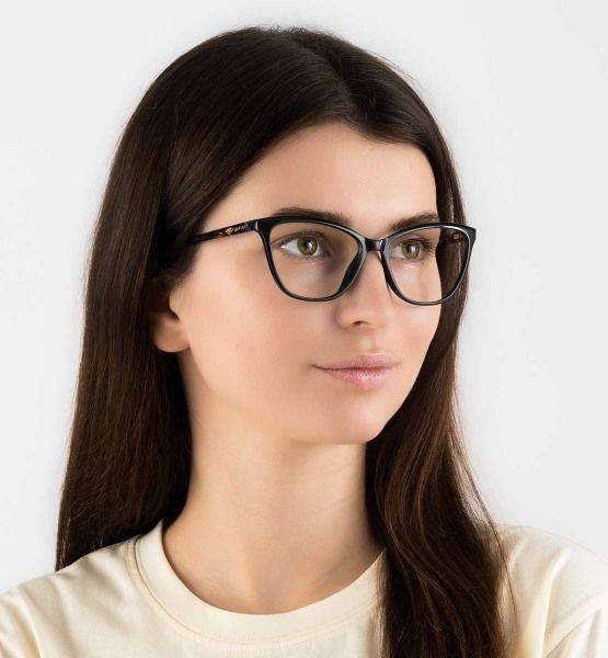 woman wearing Allure Black cat eye low bridge glasses on a white background