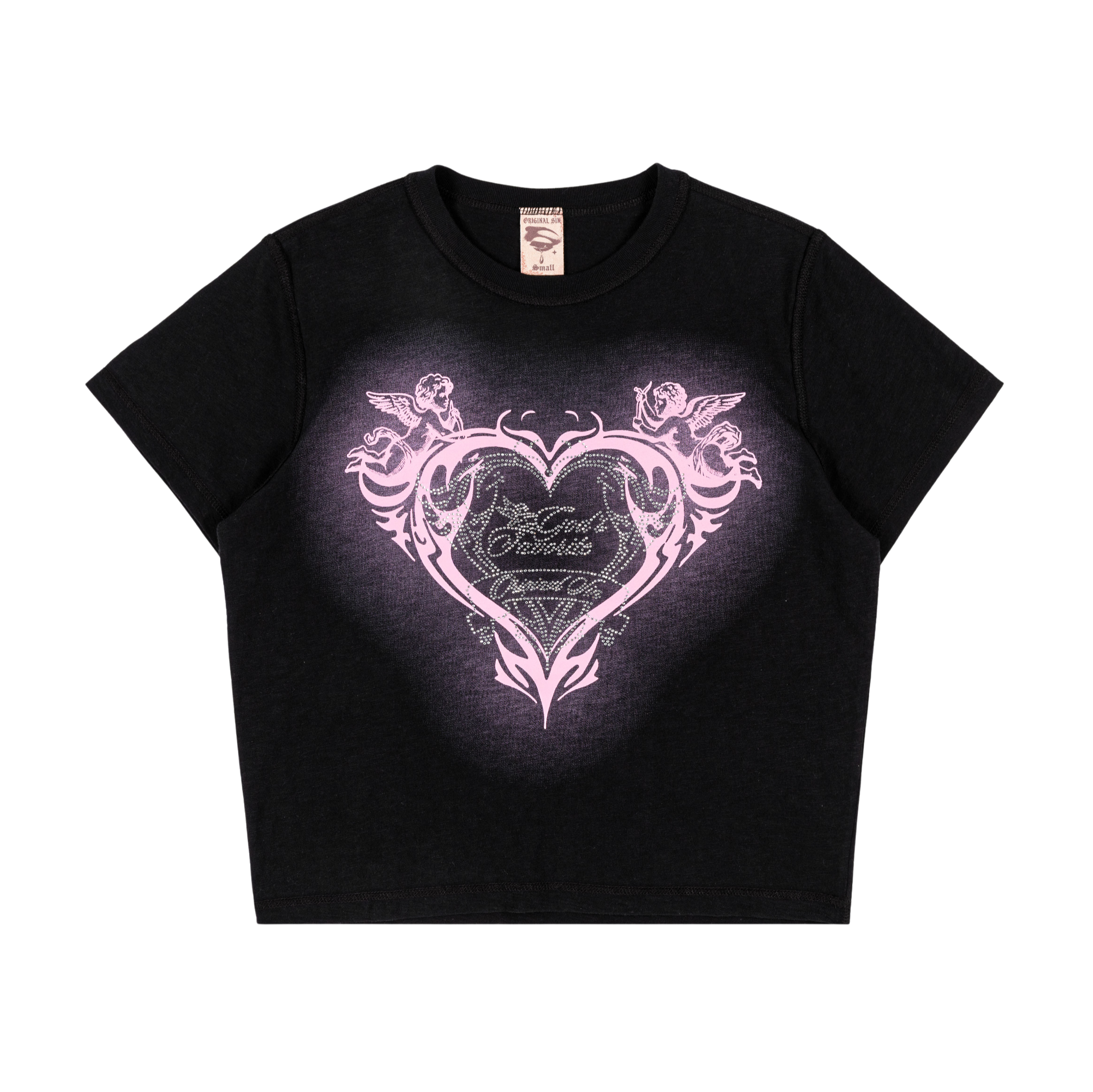 Black cropped t-shirt with a pink heart and decorative design.