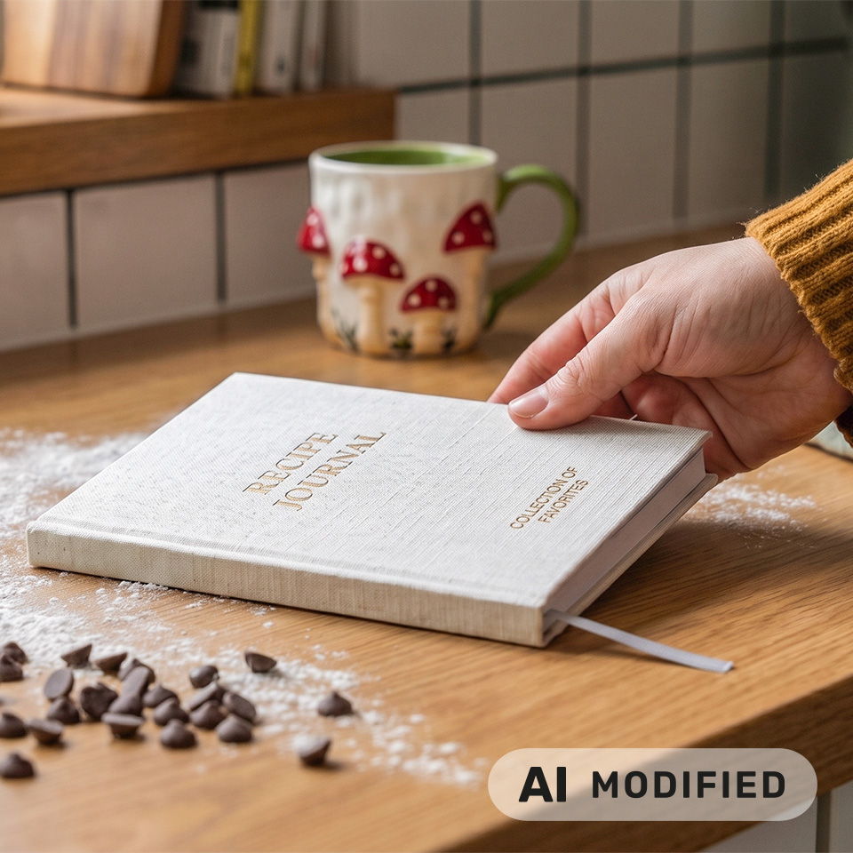 Main tendue vers un livre de recettes sur une table en bois avec des pépites de chocolat.