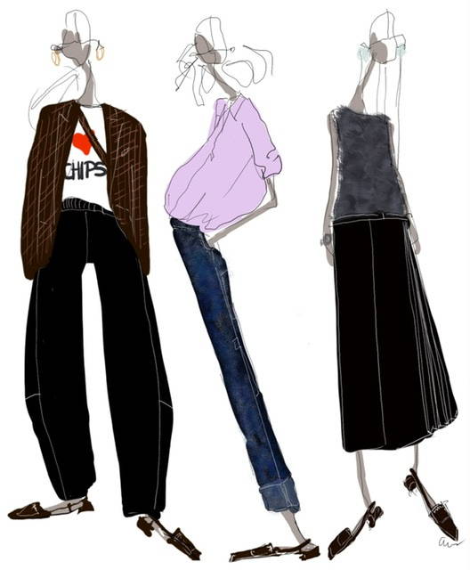 Three illustrated women wearing different outfits but the same shoes