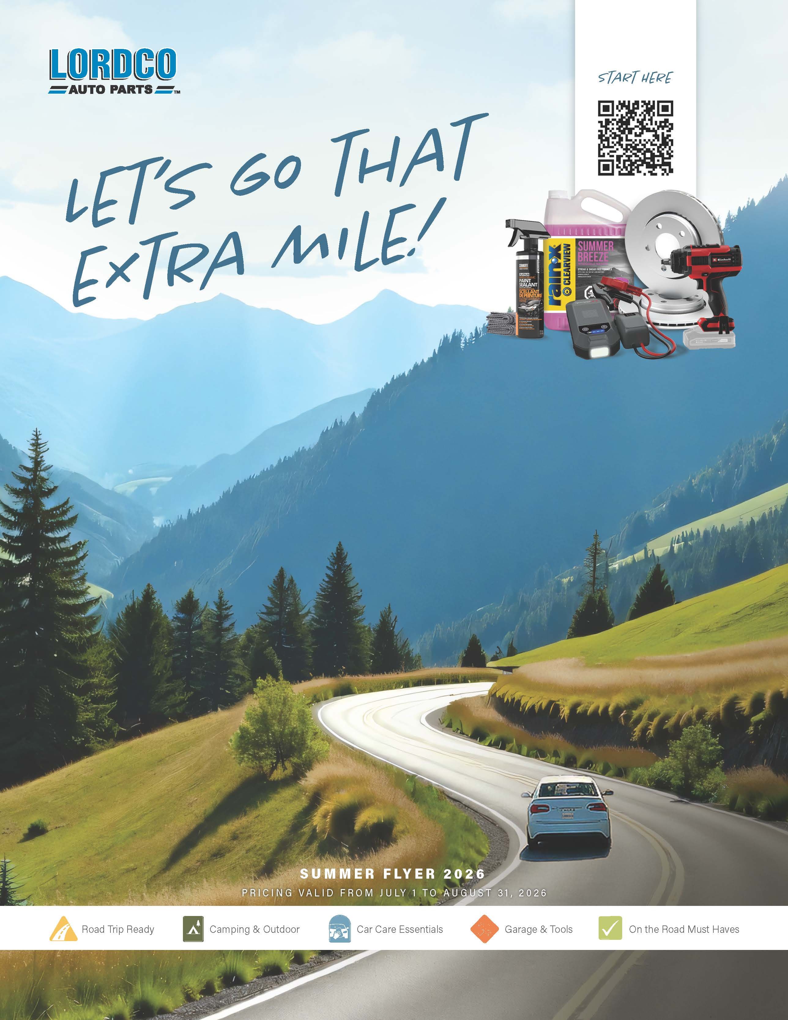 Promotional image featuring mountains, a winding road, and products. Text reads 