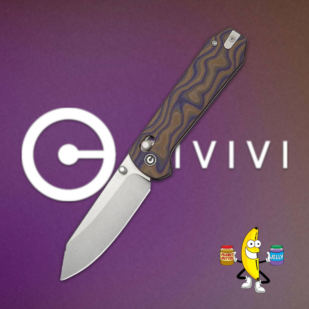 A folding knife with a textured handle against a colorful background.