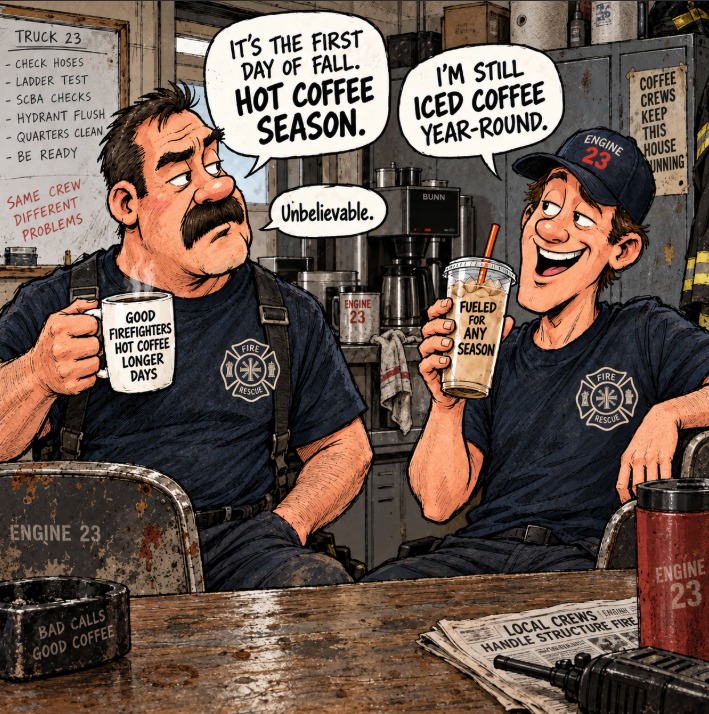 Two firefighters discussing coffee preferences in a break room.