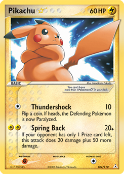 rare pikachu cards - Pikachu Pokémon card with abilities Thundershock and Spring Back.