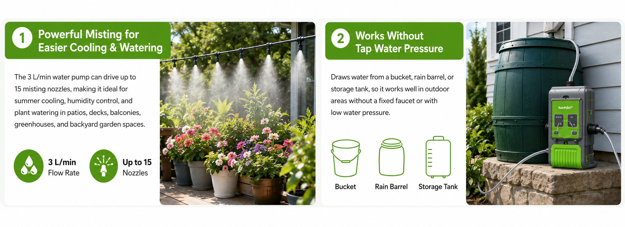 Image promoting sustainable water use for gardening and rainwater harvesting.