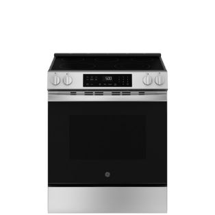 Stainless steel electric range with a black glass oven door.