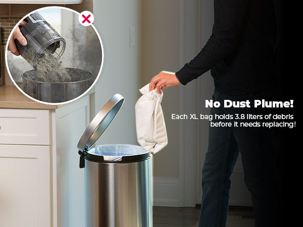 Person disposing of a bag in a dust-free trash can.