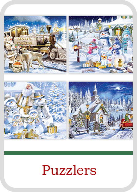 Four winter-themed puzzle images featuring snowmen, a train, and Santa. Gift Category: Puzzlers