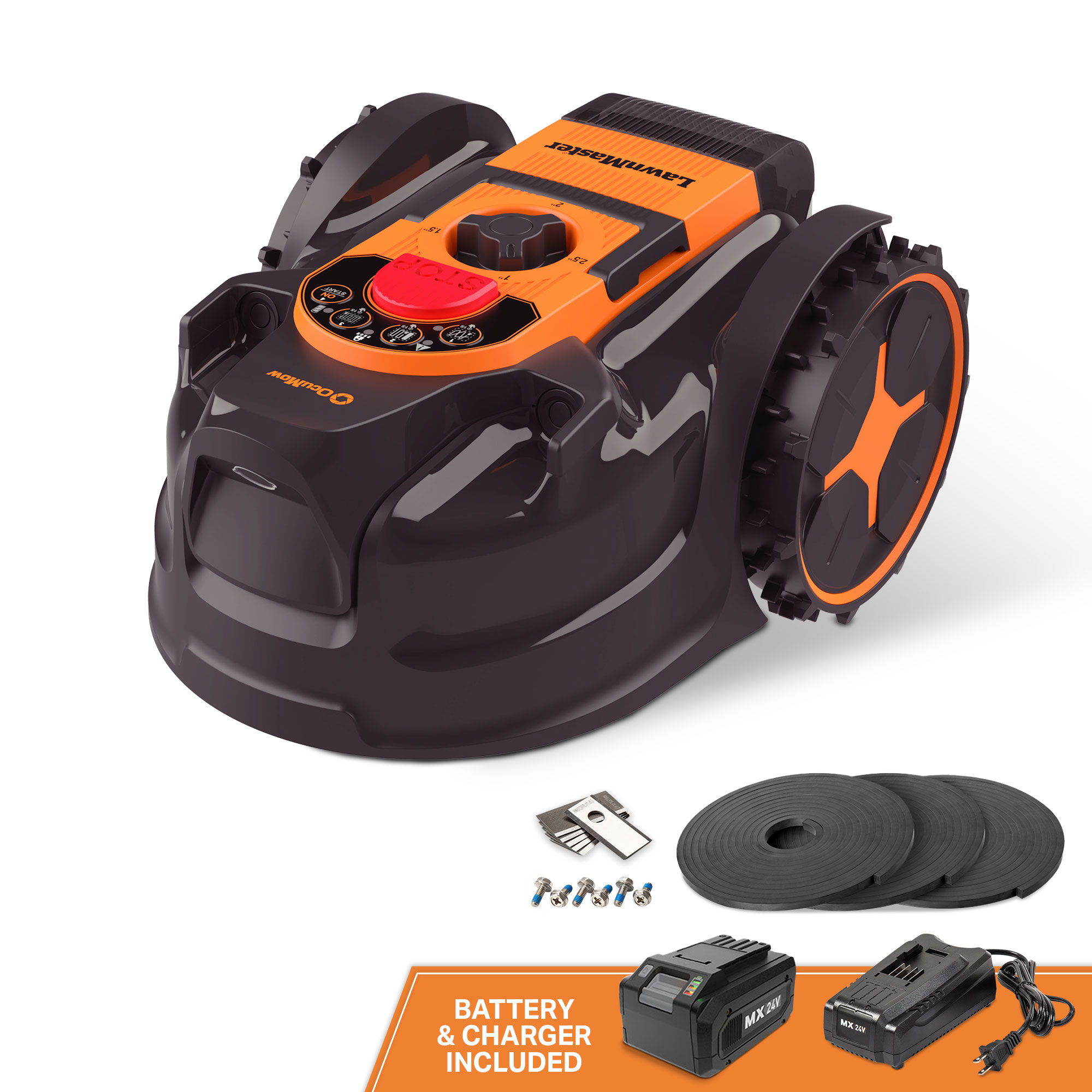 Robotic lawn mower with battery and charger included, featuring adjustable settings.