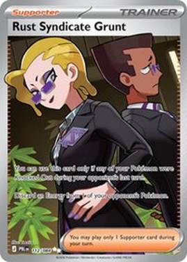 Rust Syndicate Grunt Pokémon card featuring two characters with a trainer theme.