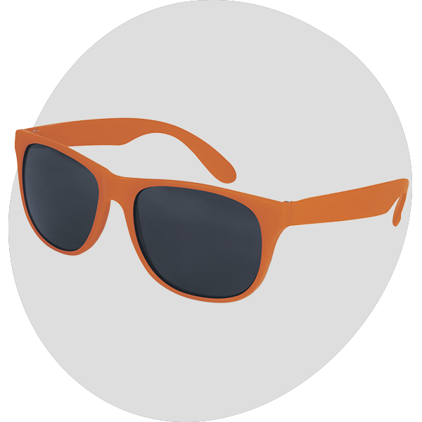Orange framed wayfarer-style sunglasses with dark lenses