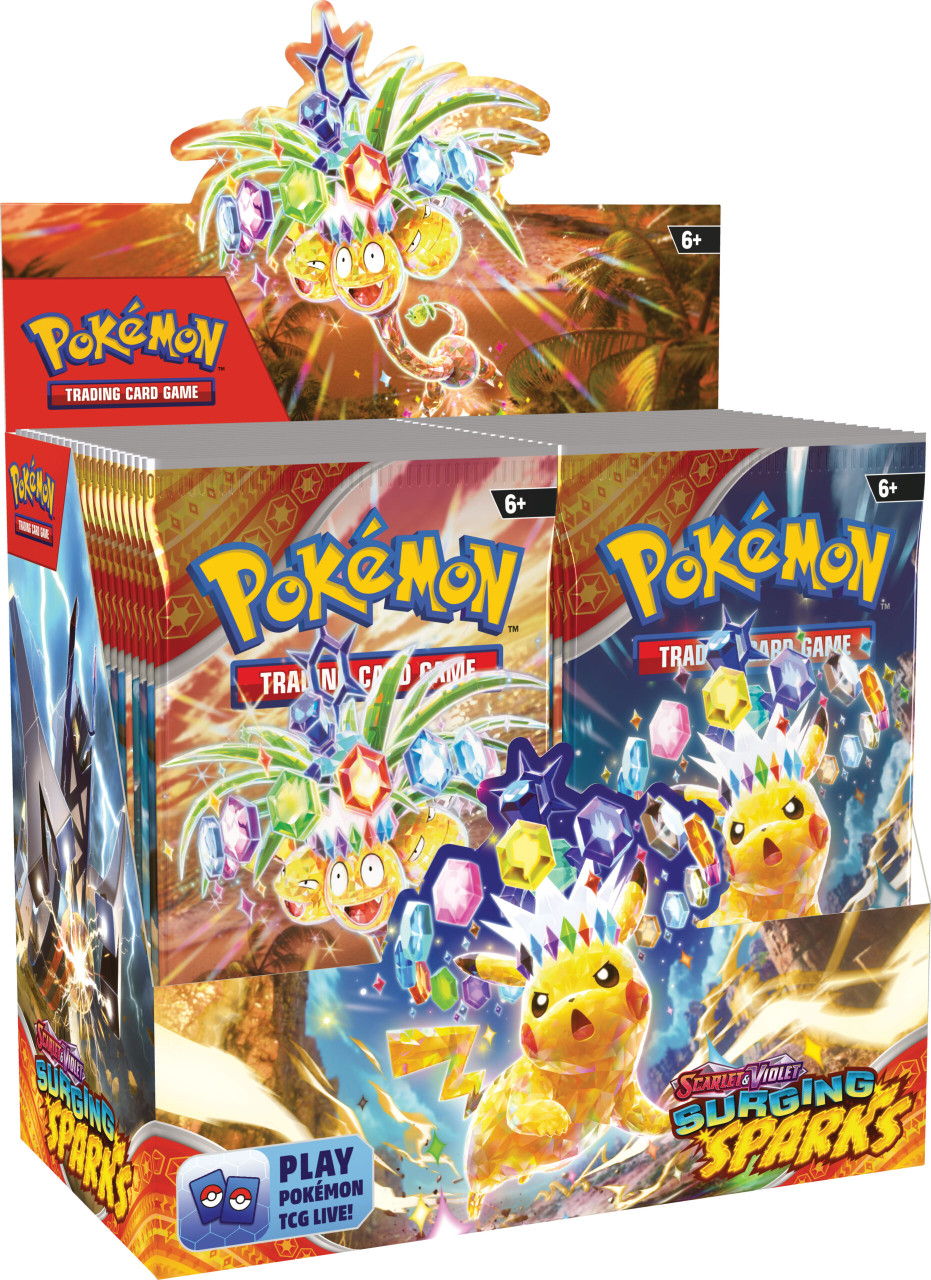 how many pikachu cards are there - Pokémon Trading Card Game: Surging Sparks booster box display.