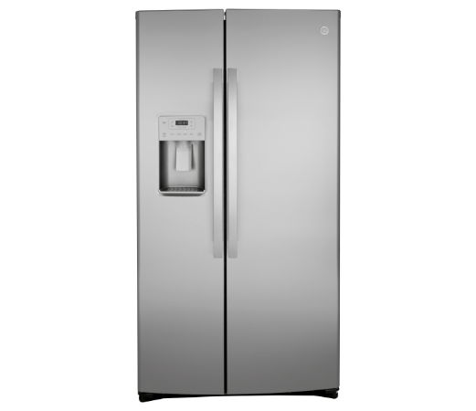 Silver side-by-side refrigerator with ice and water dispenser.