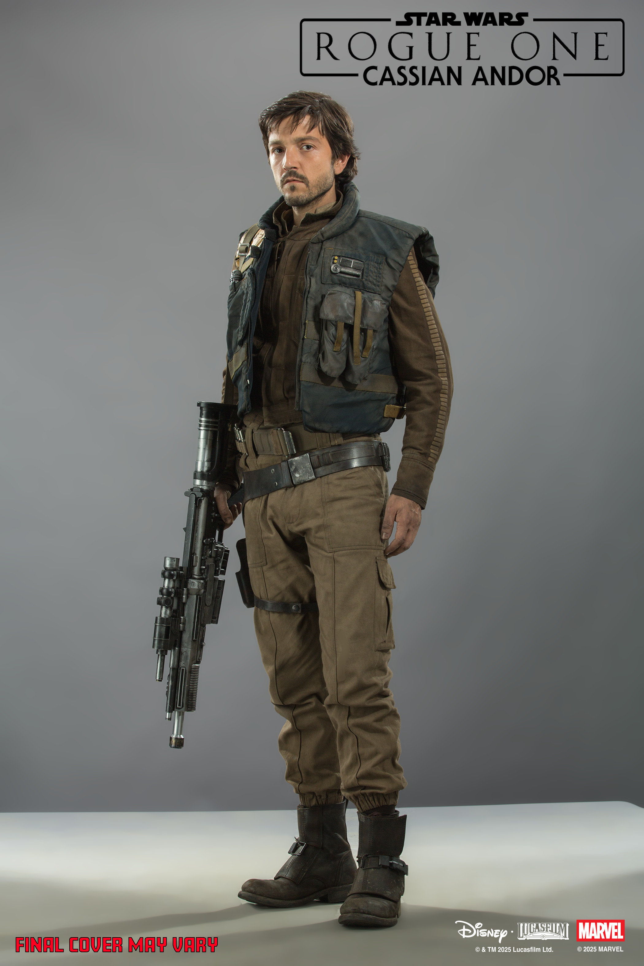 Character Cassian Andor from Rogue One, holding a blaster, standing against a gray background.
