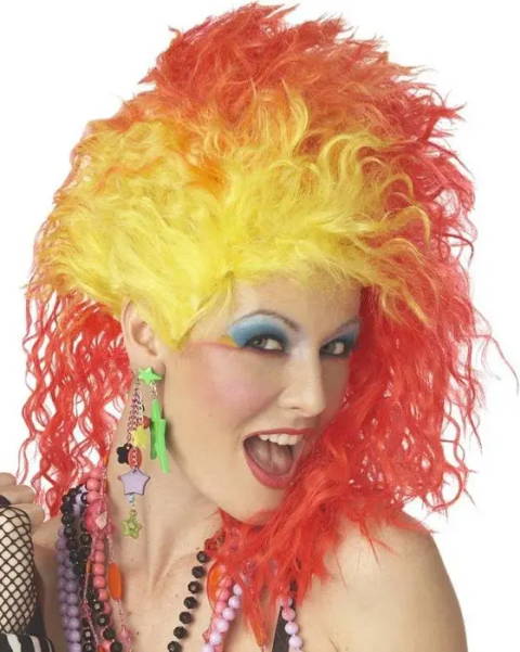 Image of woman with brightly coloured 80s style hair.
