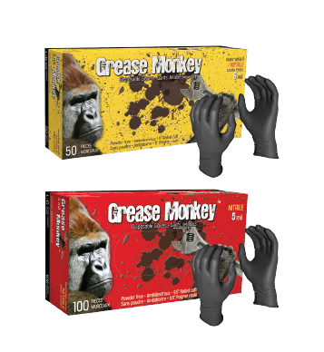 Boxes of Grease Monkey 5 mil and 8 mil powder-free nitril gloves