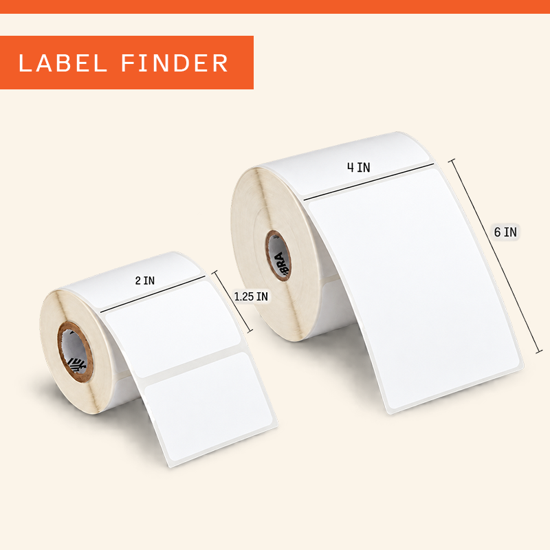 Two rolls of blank labels with measurements displayed.