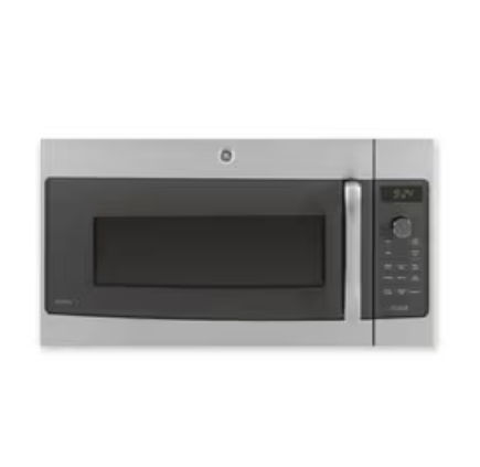 Microwave oven with stainless steel finish and digital control panel.