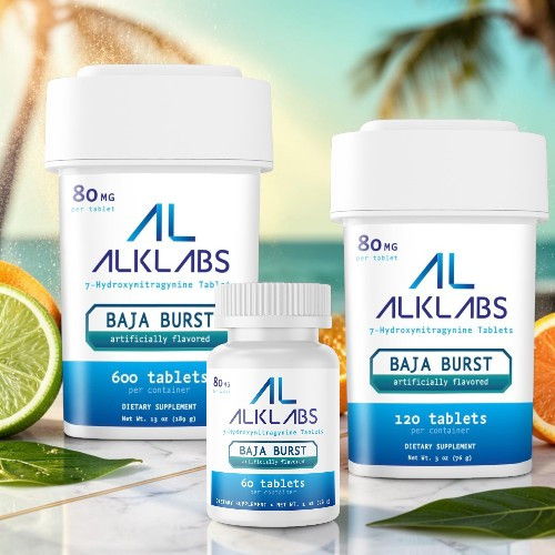Three ALKLABS supplement bottles on a beach background with citrus fruits.