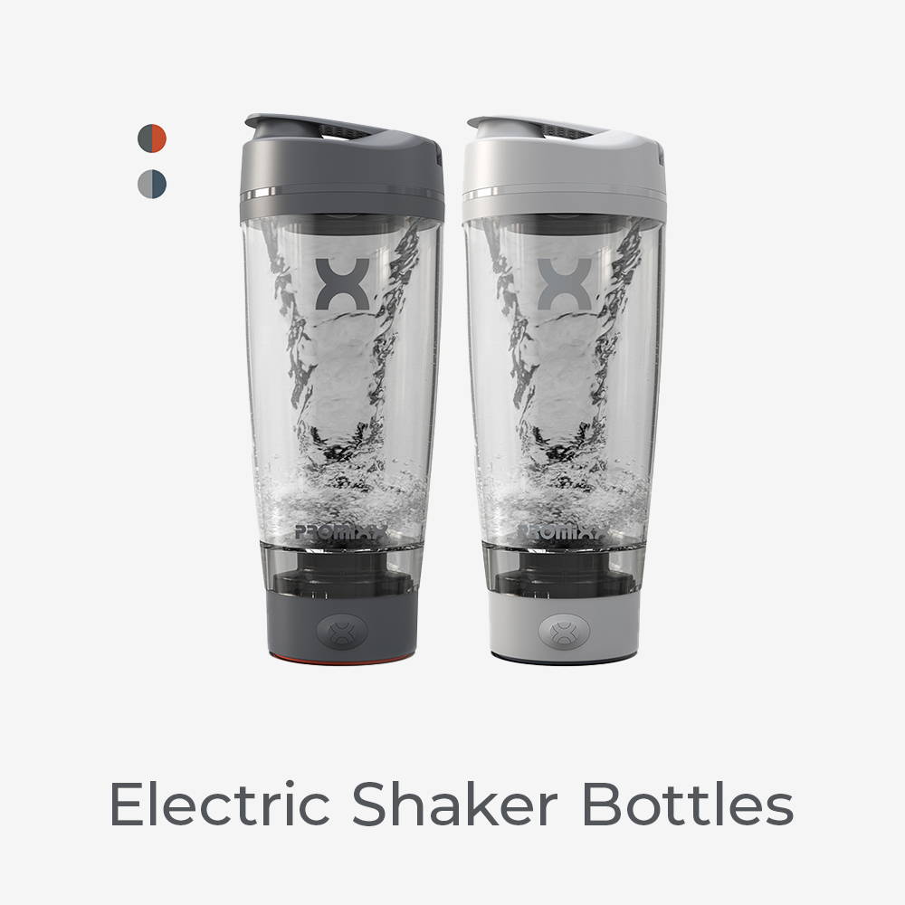 Electric Shaker Bottles. Image of a collection of two PROMiXX PRO electric shaker bottles in graphite gray and cool gray 