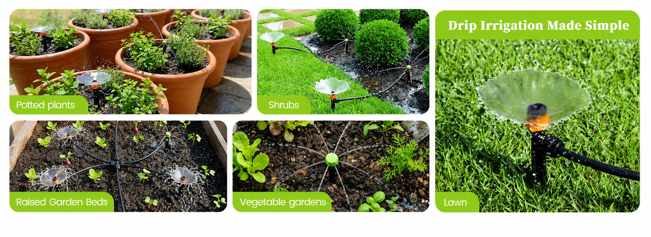 Images of plants and irrigation systems in various garden settings.