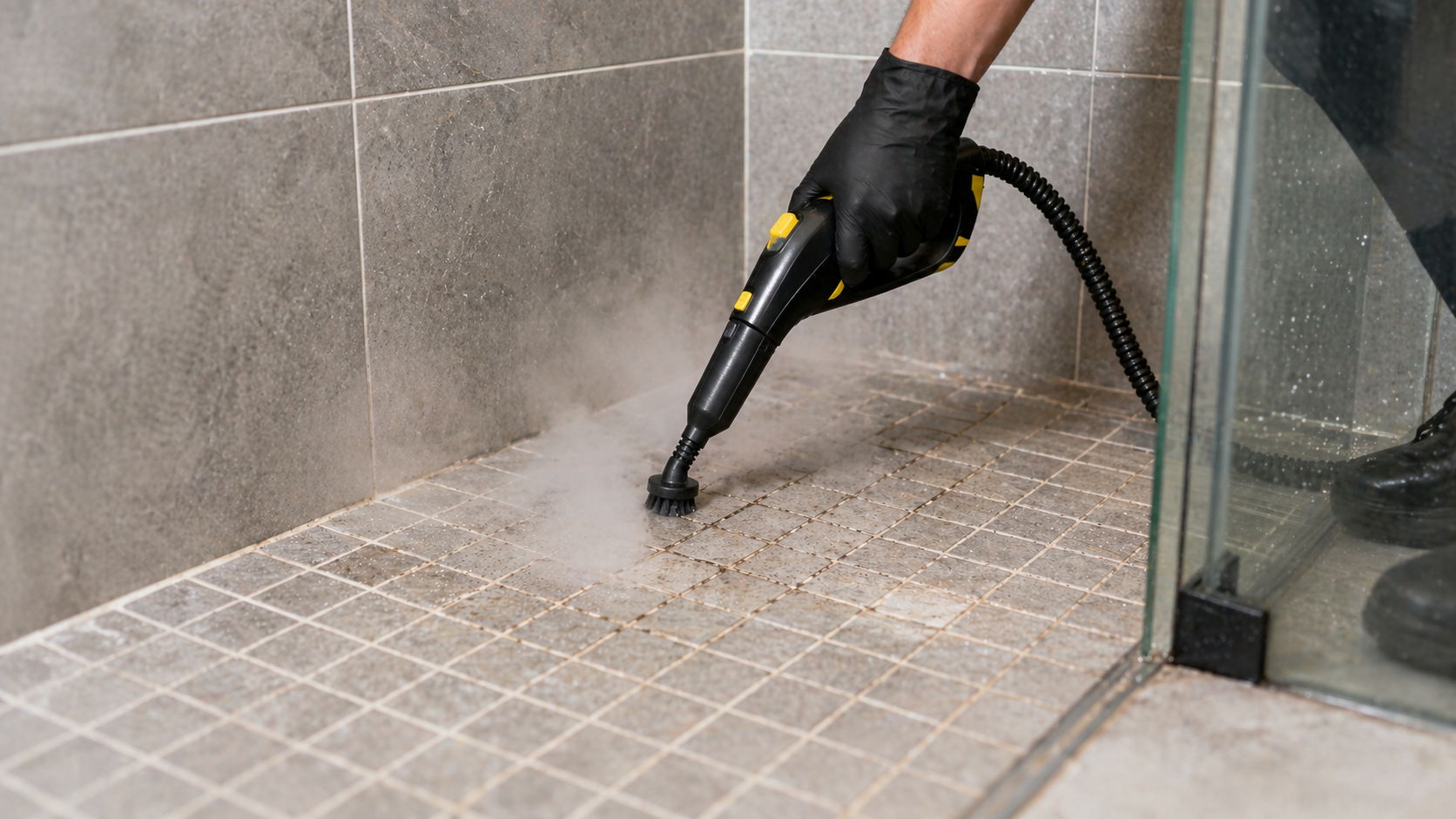 Person using a steam cleaner on bathroom tiles.