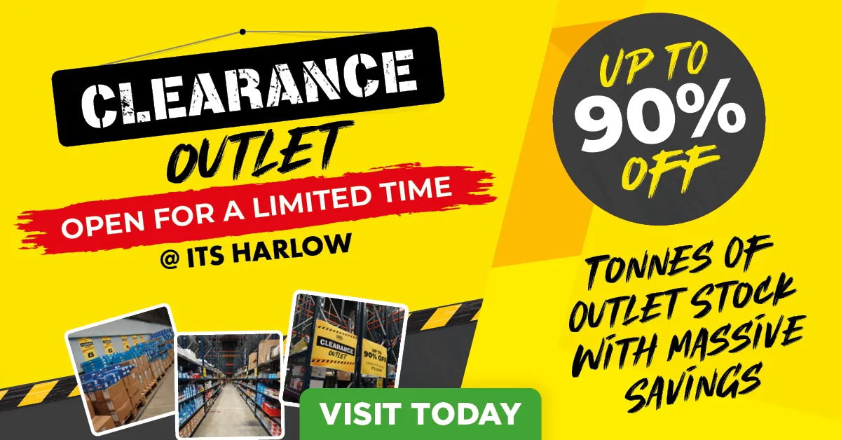 Clearance outlet advertisement with discount information and promotional call to action.