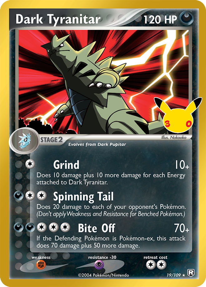 The Pokémon card Dark Tyranitar which was recently reprinted in the 30th Celebration set's Classic Collection.