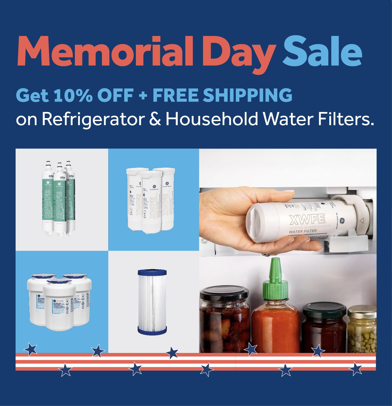 Memorial Day Sale on refrigerator and household water filters with discounts.