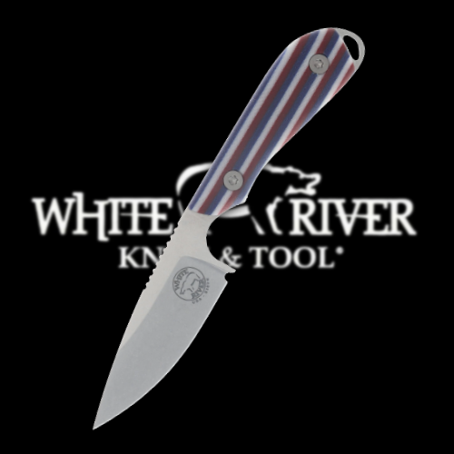 Folding knife with striped handle in front of logo.