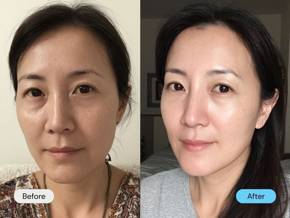 Woman's face before and after skincare treatment, showing improved skin appearance.
