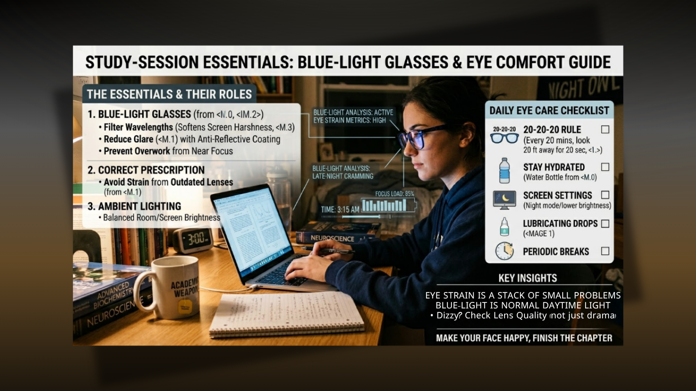 Person wearing blue light blocking glasses facing a computer screen while studying