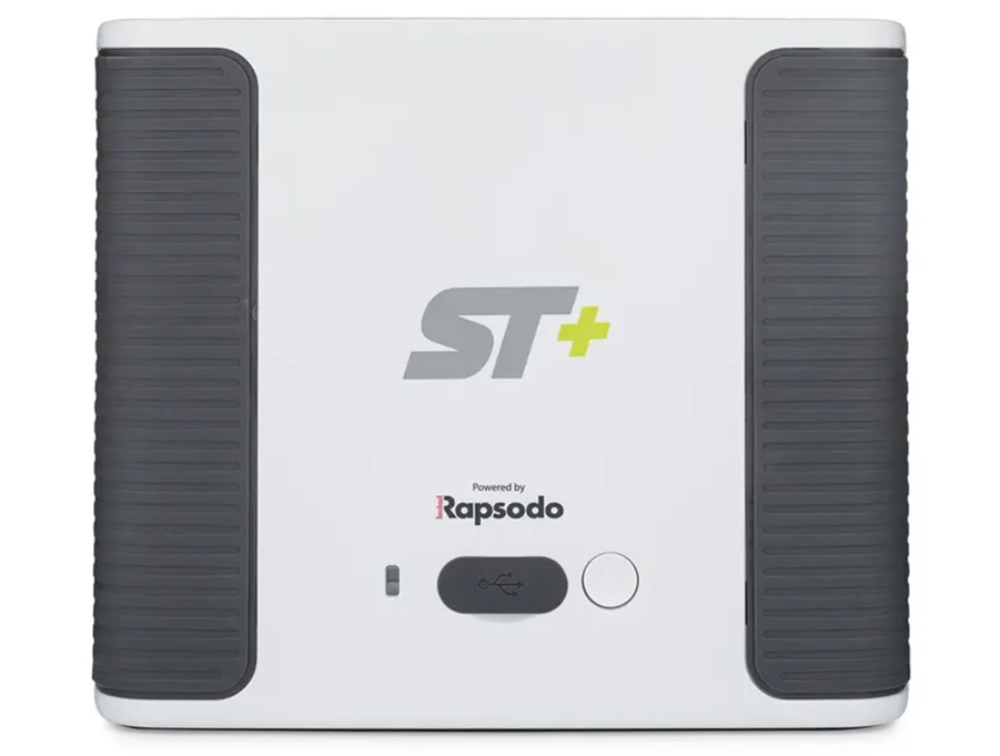 Rear view of the SkyTrak+ launch monitor showing ST+ and 