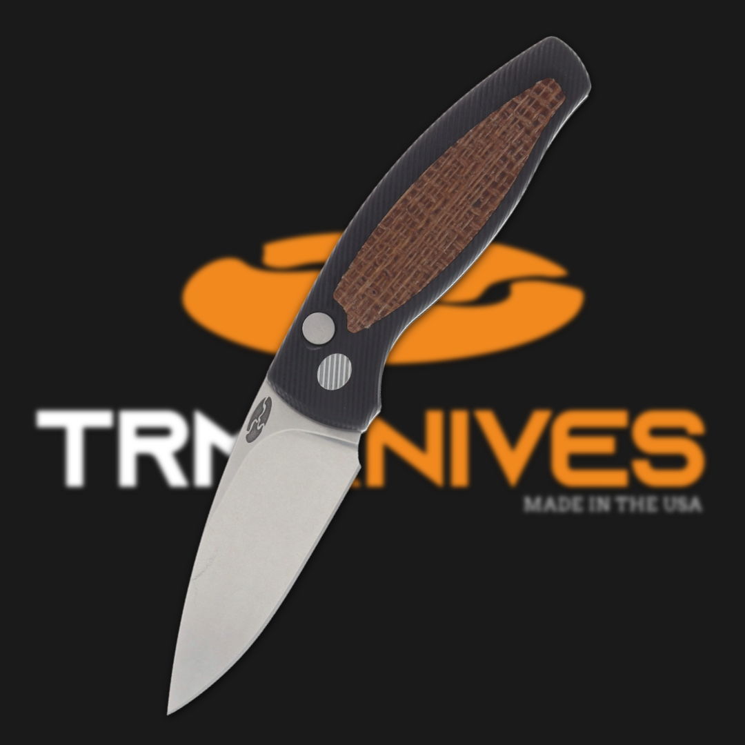 Folding knife with a textured handle and logo in the background.