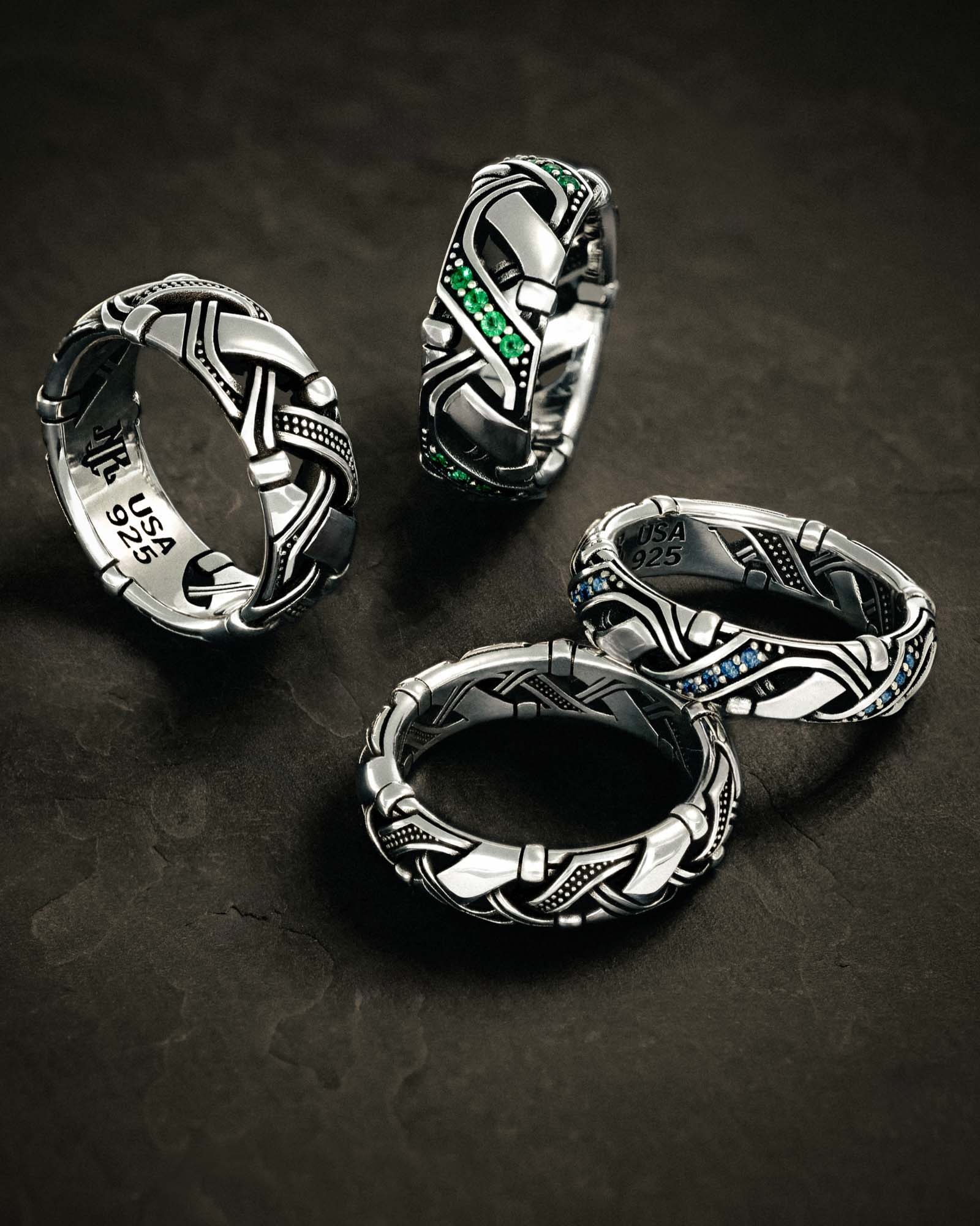 Valhalla Band - Shown in 6.5mm and 8.5mm Sterling Silver variants, with and without gemstones