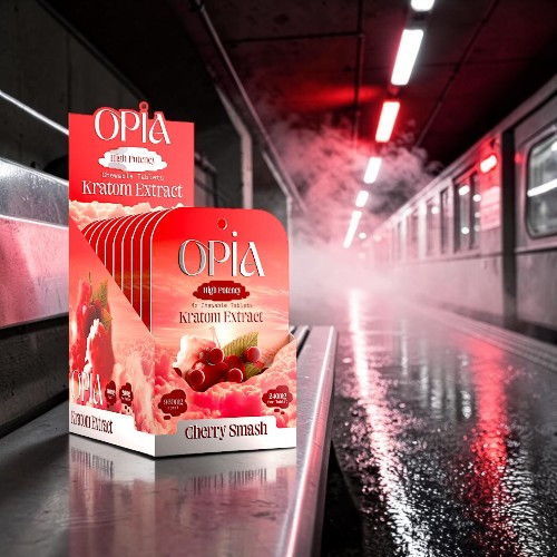 Red packaging of Opia product displayed in a misty, illuminated setting.