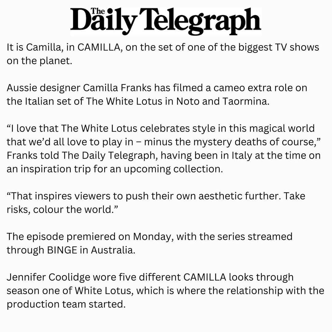 The Daily Telegraph covers Camilla Franks on the set of the White Lotus TV Show