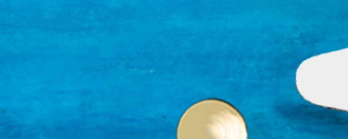 Blue background with a gold circle and a white shape.