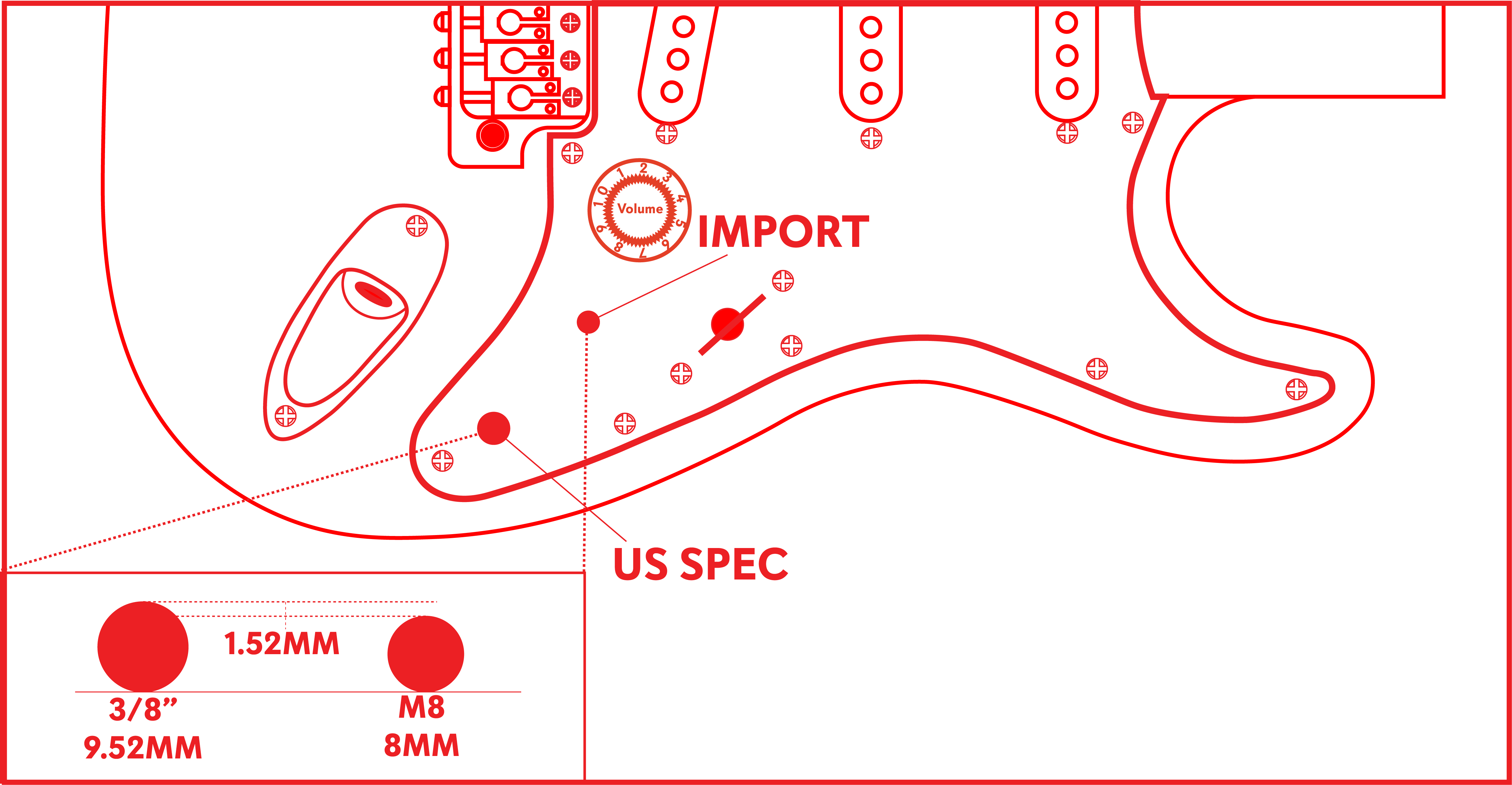 Diagram of a guitar with labeled components and measurements.