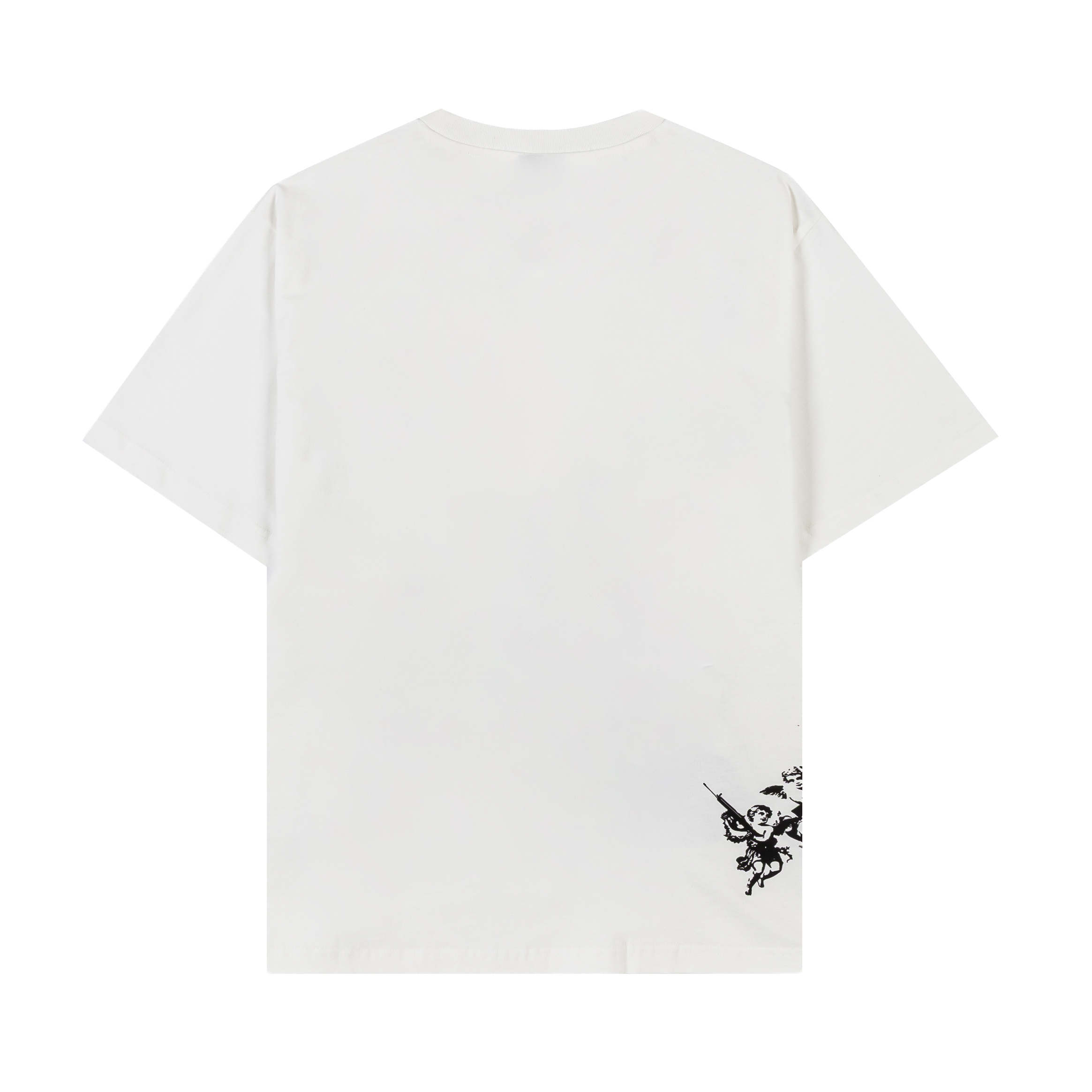 White t-shirt featuring a colorful graphic of a winged figure and 