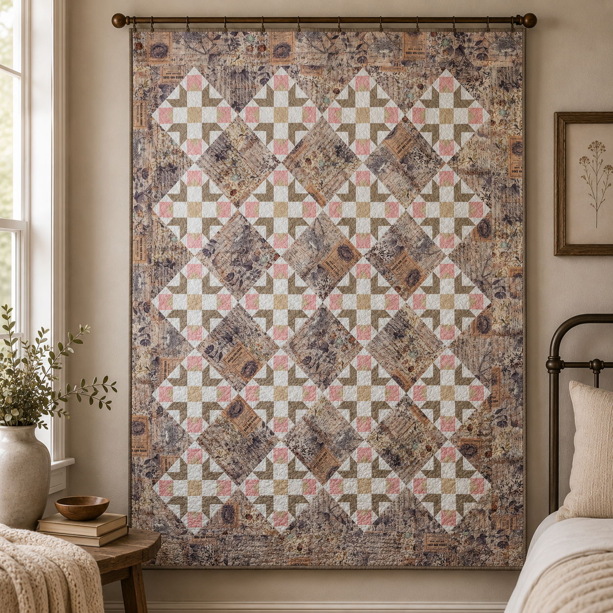 A decorative quilt hanging on a wall in a cozy room.