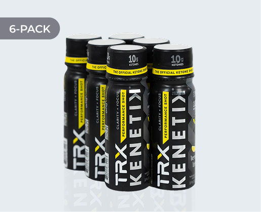 Six-pack of TRX KENETIK ketone shot bottles.