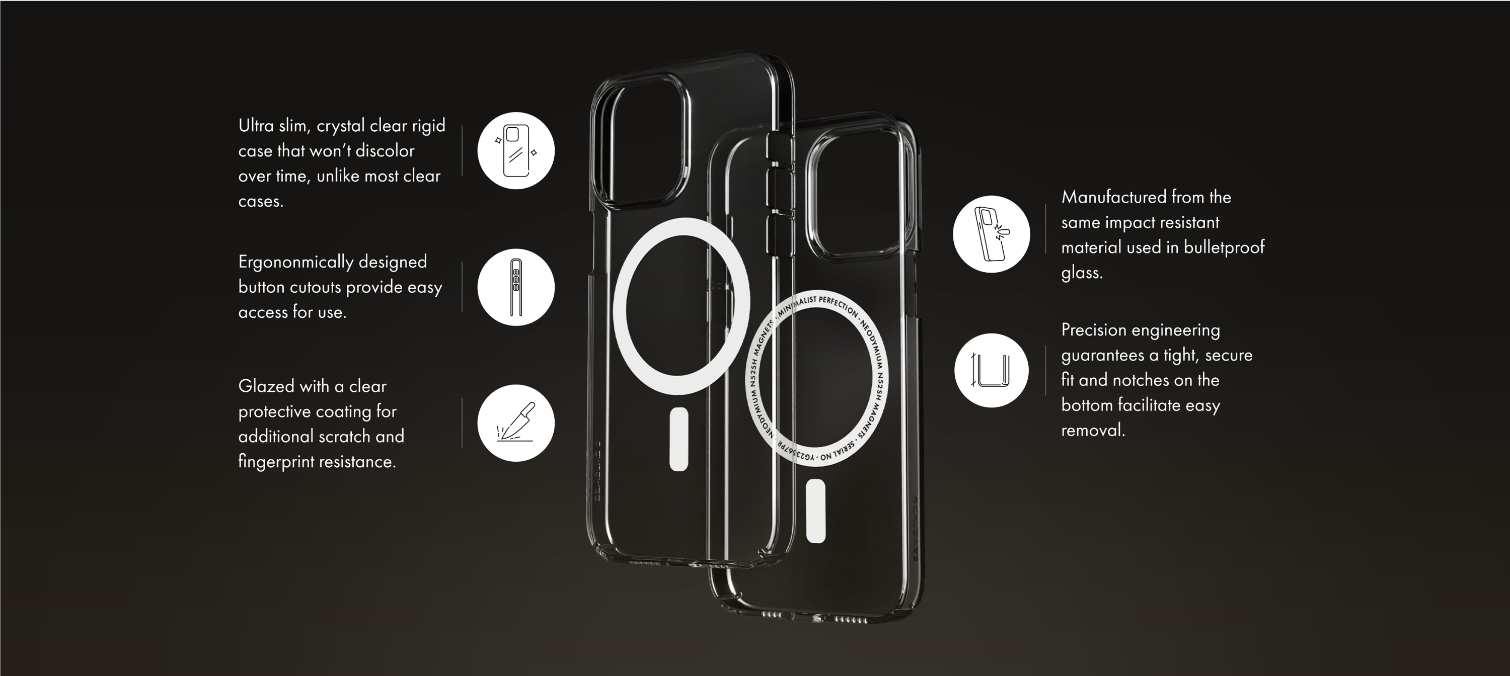 Infographic showcasing Lucid Clear case features: Ultra slim, crystal clear rigid case that won’t discolor over time, unlike most clear cases. Ergononmically designed button cutouts provide easy access for use. Glazed with a clear protective coating for additional scratch and fingerprint resistance. Manufactured from the same impact resistant material used in bulletproof glass. Precision engineering guarantees a tight, secure fit and notches on the bottom facilitate easy removal.